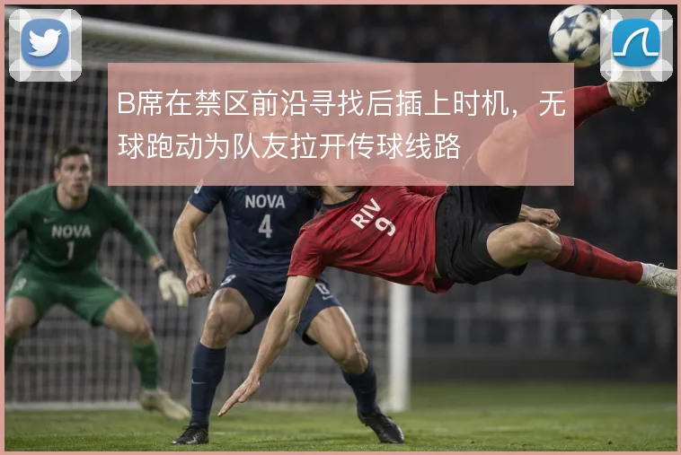 B席在禁区前沿寻找后插上时机，无球跑动为队友拉开传球线路